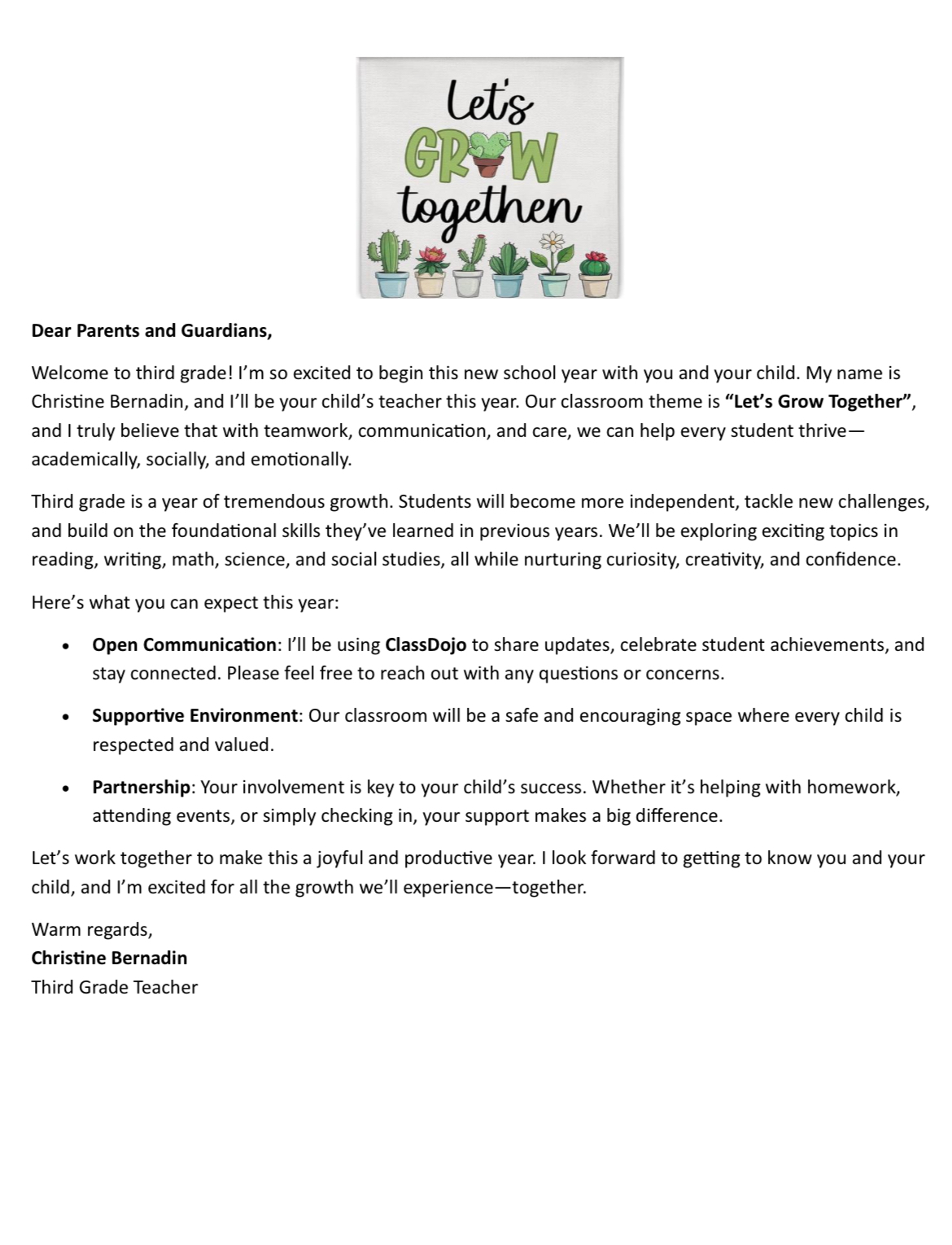 A Welcome letter written by the teacher