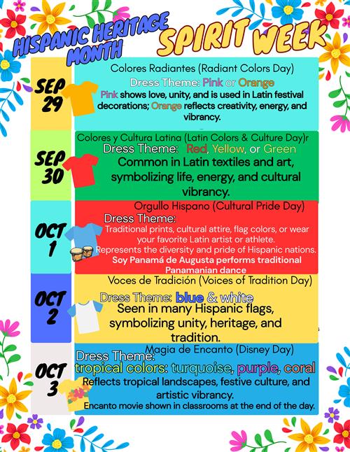 A flyer with the special attire to wear  for Hispanic Heritage Month Spirit Week from September 29 through October 3