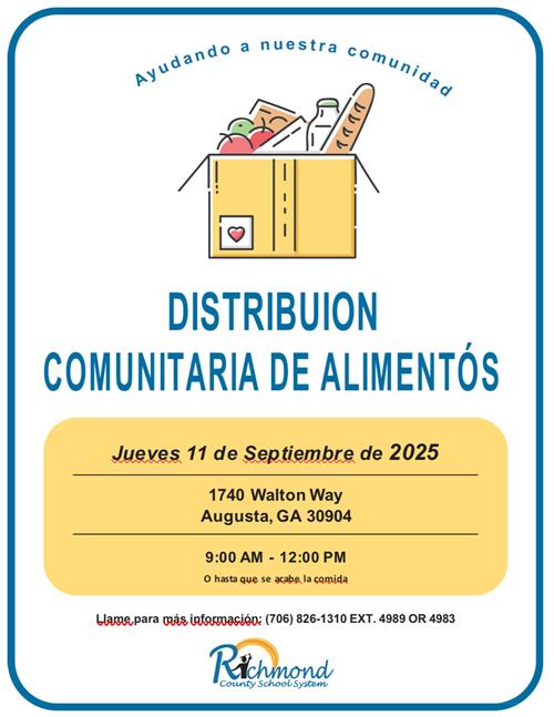 A Spanish version of the Food Distribution flyer held on Sept. 11, 2025, 9am-12pm ,Success Center, Tubman Education Center