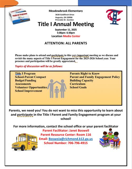 A flyer advertising the Title I Annual Meeting on Sept. 11. 2025 from 5pm-6:30pm. in the media  center