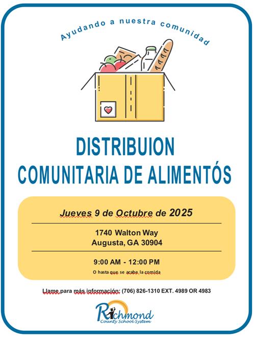 A Spanish version of the flyerfor the Food Distribution date on October 9 from 9am-12pm