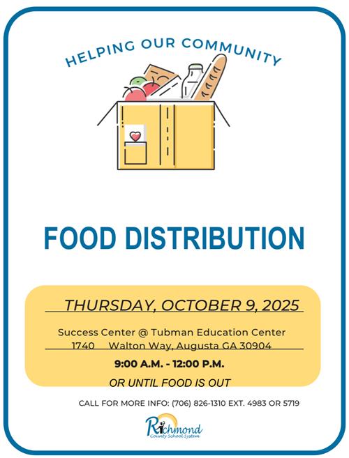 A flyer that has the date for the Food Distribution event on  Thursday, October 9