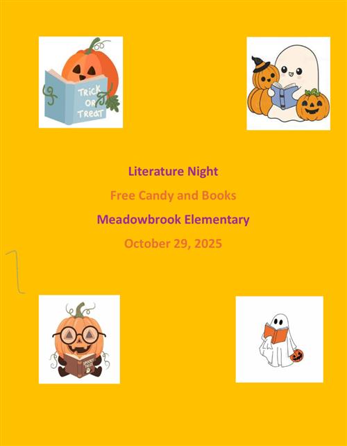 A flyer that is advertising the Literature Night on October 29, 2025. Students will receive free candy and a book.