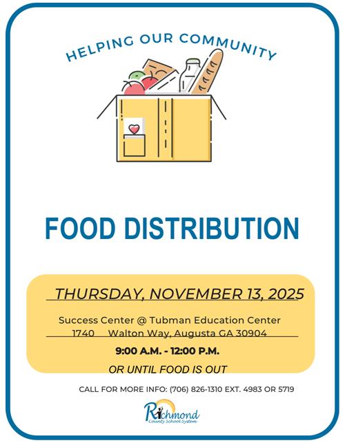 A flyer advertising the Food Distribution event on Thursday, November 13 at the Success Center @ Tubman from 9am-12pm
