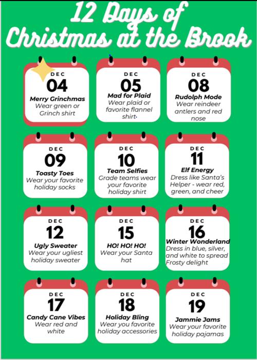 A flyer that list the attire for the event entitled, 12 Days of Christmas at the Brook.