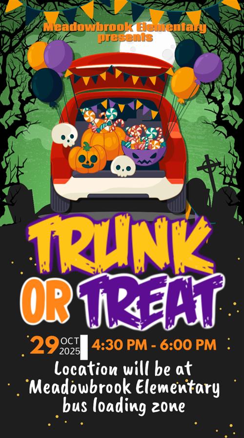 A flyer advertising Trunk or Treat on October 29 from 4:30pm. - 6:00 p.m.