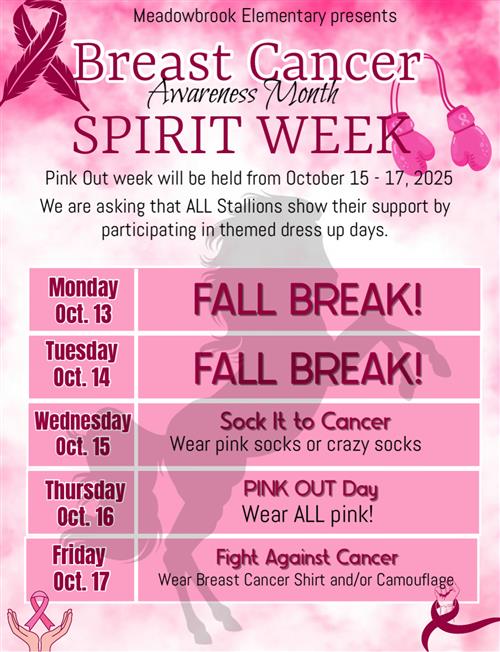 A flyer that lists the Breast Cancer Awareness Month Spirit Week from October 15-17, 2025
