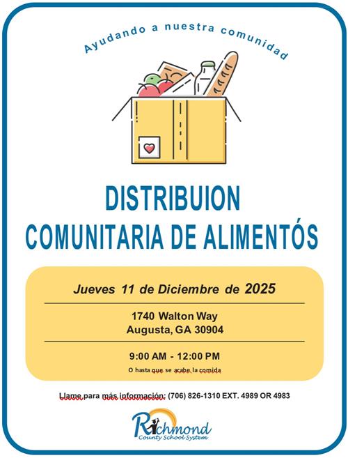 The Spanish version of the flyer advertising the Food Distribution event on December 11 from 9 am -12pm at the Tubman Education Center 