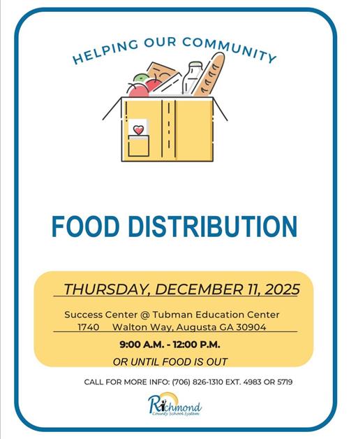 A flyer advertising the Food Distribution event on December 11 from 9am-12pm at Tubman Education Center