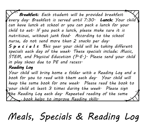 Information about Reading Log and Specials