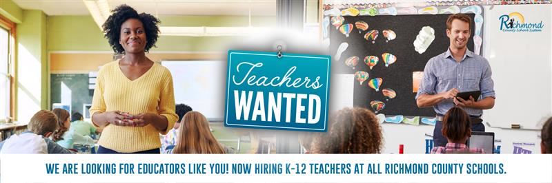 Black female on the left in a class white male on the right in a class Banner says Teachers Wanted