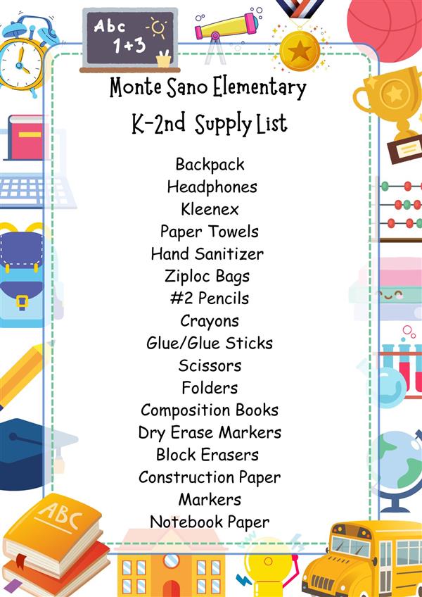 Kindergarten, First & Second Supply List